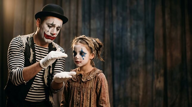 Man in mime costume performing for a little girl with face paint