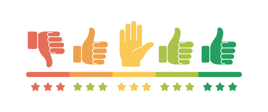 Feedback Rating Icons Featuring Excellent Good Average and Poor Levels with Thumb Symbols for Customer Satisfaction Analysis