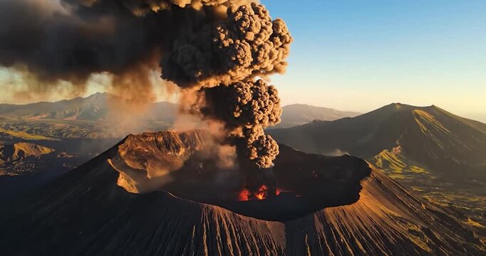 Aerial view of a volcanic eruption with massive ash clouds and lava.