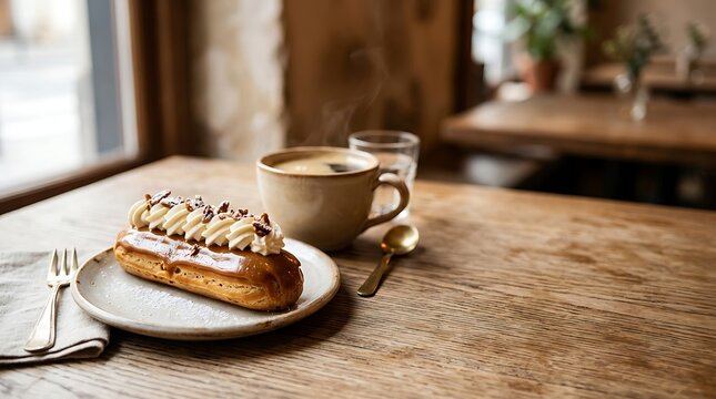 Caramel eclair and steaming coffee on a rustic wooden cafe table