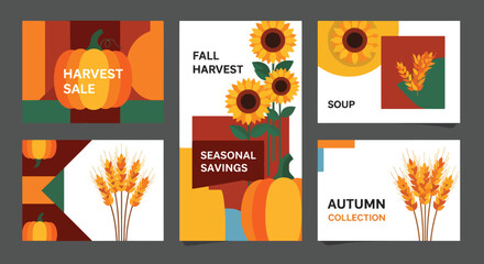 Naklejka premium Autumn-themed graphic design elements including harvest sale signs and seasonal savings banners with sunflowers and wheat in a flat lay composition with warm orange and yellow tones.