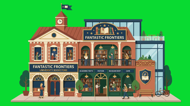 Cheerful University Bookstore Vector Illustration Showcasing Students and Academic Life with Clean Flat Design Aesthetics reading education books cafe museum