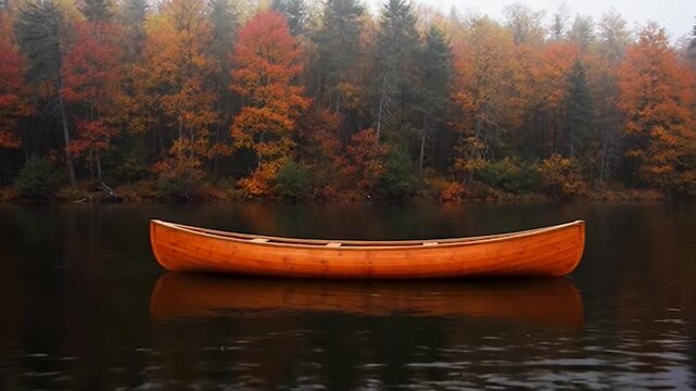 A wooden canoe floats on a calm lake during autumn season