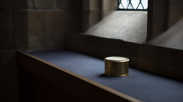 pyx. A solitary golden pyx on a cushion in a dim, ancient sacristy. event programs, museum guides, designed for cultural heritage projects and event programs, preserves heritage.