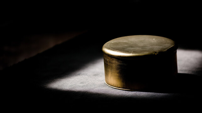 pyx. A solitary golden pyx on a cushion in a dim, ancient sacristy. event programs, museum guides, designed for cultural heritage projects and event programs, preserves heritage.