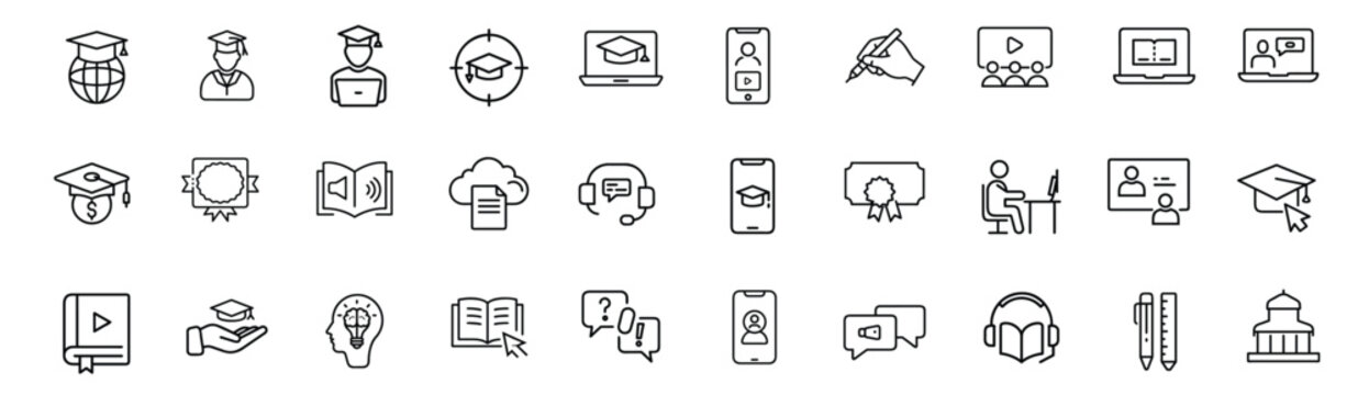 Online education outline icons set, graduate person, target goal, cloud document, university building & more vector illustration with editable stroke.