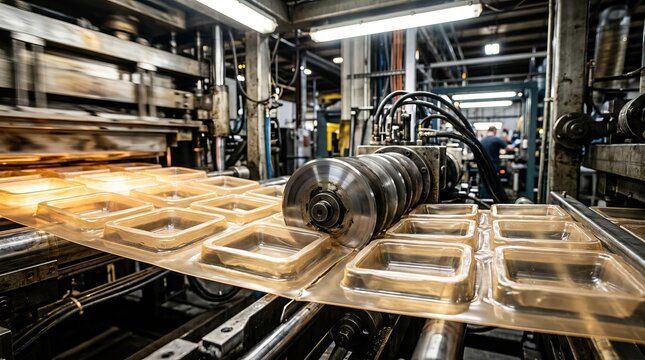 Industrial thermoforming machine producing plastic food containers on a production line.