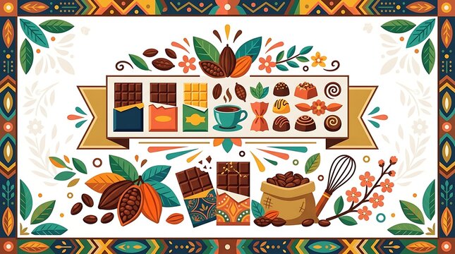 Artisan chocolate bars and cocoa beans in a colorful flat design