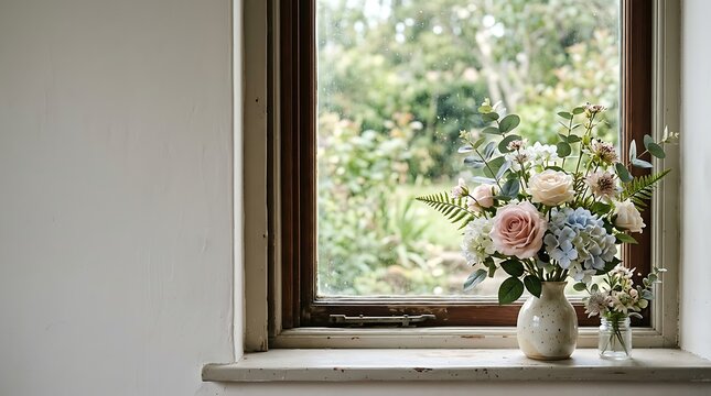 Floral bouquet in a vase on a rustic windowsill by a garden view