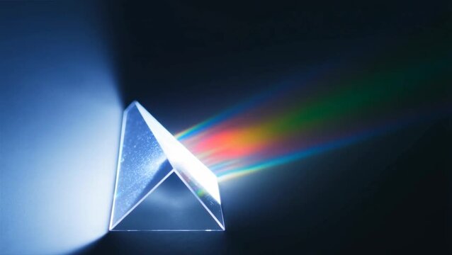 A glass prism refracts light, casting a colorful glow on the dark background with a lamp source.