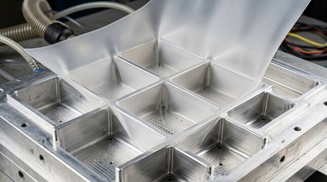 Industrial thermoforming machine molding plastic packaging for food production.