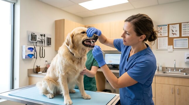 Veterinarian examines the teeth of a golden retriever dog during a routine health checkup at a modern animal clinic to ensure the pet maintains good oral hygiene and overall physical wellness.