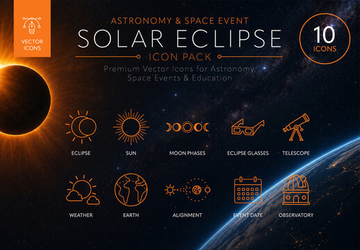 Solar Eclipse Astronomy Icon Pack Vector Set