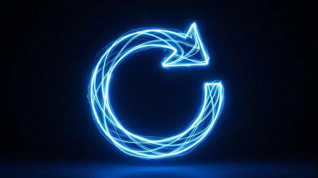 A glowing blue circular arrow symbol on a dark background