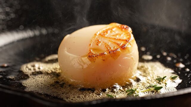 Single sea scallop searing in bubbling butter on a hot cast iron skillet with thyme