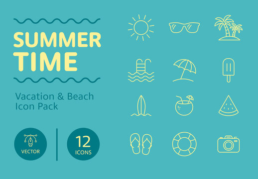 Summer Vacation and Beach Icon Pack Vector Set