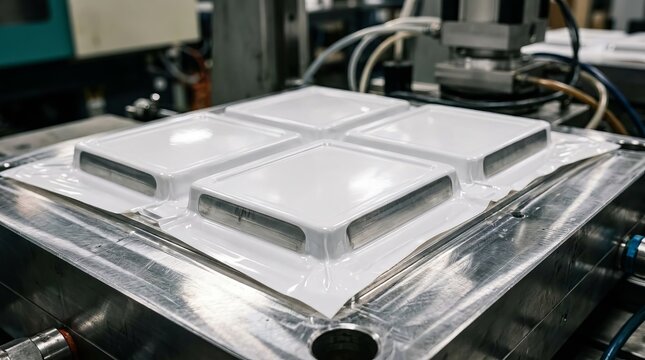 Industrial vacuum forming machine producing plastic components.