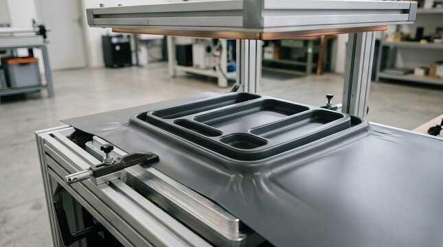 Industrial vacuum forming machine producing custom plastic tray component.