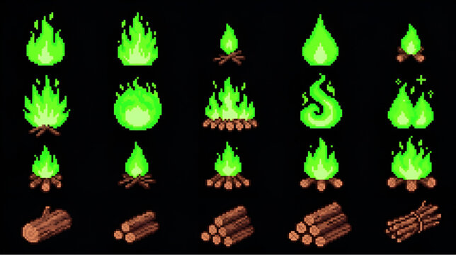 Pixel art green fire and magic campfire animation sprite sheet with wooden logs