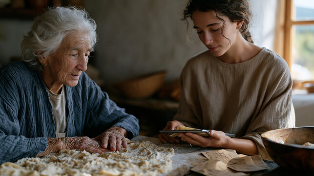 Grandmother in modest rural kitchen dictating generations-old dumpling recipe to adult granddaughter who photographs each folding step on a tablet, flour-dusted wooden board,