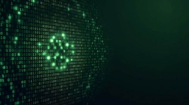 Glowing green binary code data on a dark digital background