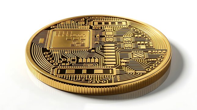 Gold physical cryptocurrency coin featuring circuit pattern