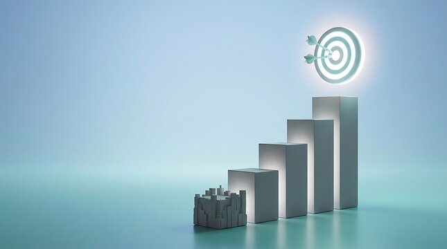 Success strategy concept with arrows hitting target on ascending steps strategy business staircase achievement planning