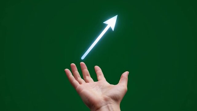 A glowing arrow rises from an open palm against green