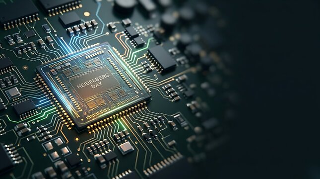 Advanced computer microchip on a circuit board with glowing data lines