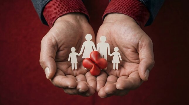 Family insurance, health and protection in hands for life planning, safety and security. Paper cutout, medical care and support with wellbeing, investment and savings for future stability at home