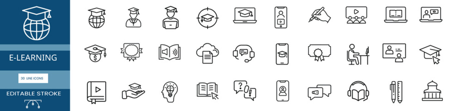 E-learning outline icons set, laptop student, smartphone lecture, cloud document, university building & more vector illustration with editable stroke.