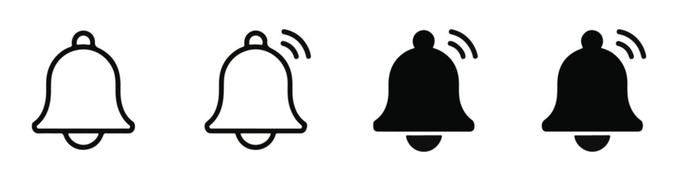 Ringing bell icons for notification alerts set including outline and solid shapes for web and apps.