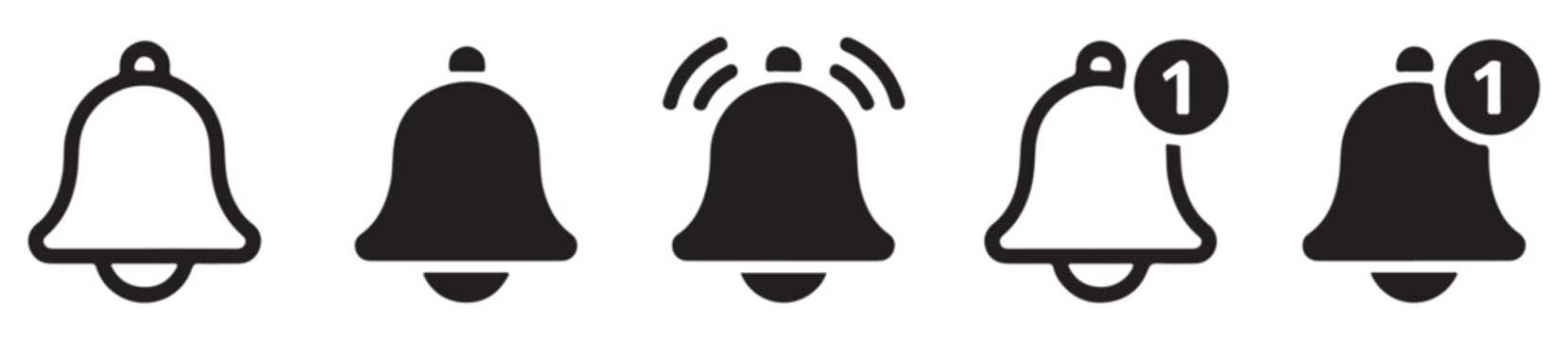 Bell icons set with notification number badge and ringing sound waves for mobile application design.