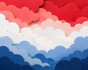 Fototapeta premium Paper clouds layered in soft shades of sky blue and sunset red create a whimsical atmosphere with tactile edges that provide a playful backdrop for children or creative marketing.