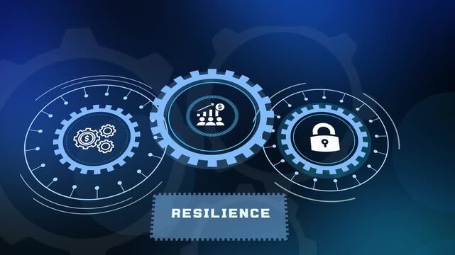 Blue technical graphic with interlocking mechanical gears representing robust infrastructure and business recovery systems.
