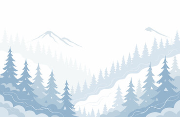 Fototapeta premium Misty winter forest scene with snow-capped mountains and evergreen trees