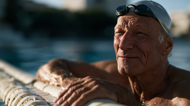 Senior male swimmer grips the lane divider at the end of a pool, catching his breath after an interval set, swim cap pushed back, goggle marks around his eyes, masters swimming
