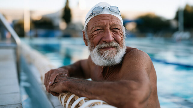 Senior male swimmer grips the lane divider at the end of a pool, catching his breath after an interval set, swim cap pushed back, goggle marks around his eyes, masters swimming
