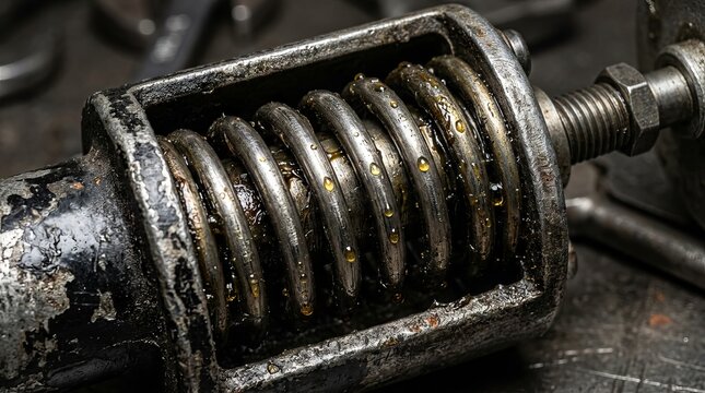 Close up view of a heavy duty metal coil spring in a workshop.