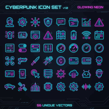 Neon Cyberpunk Icon Set with Futuristic Sci-Fi Technology Elements