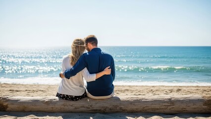 Fototapeta premium Couple embracing, sitting on log, watching ocean on sunny beach