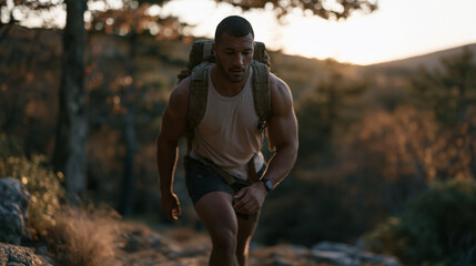 Naklejka premium Rucking solo athlete climbs a steep forest trail at golden hour, weighted pack frame visible above shoulders, autumn canopy overhead, step counter on wrist, outdoor fitness