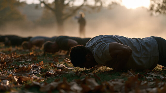 Outdoor fitness bootcamp participants perform burpees on a public park lawn covered in fallen autumn leaves, a certified trainer calling reps through a megaphone, early morning