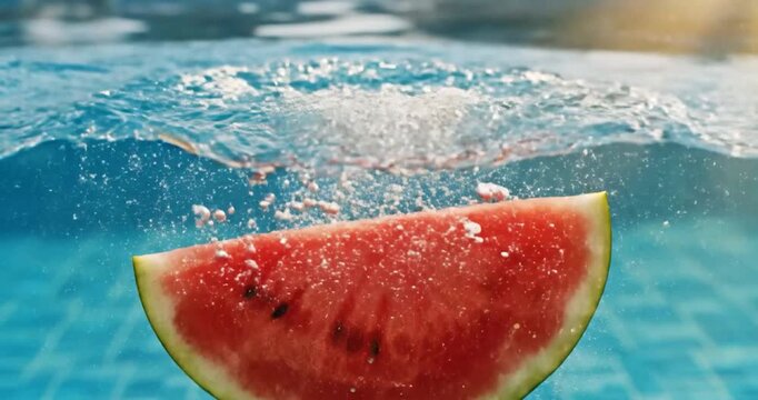 Fresh watermelon slice splashing into clear swimming pool water