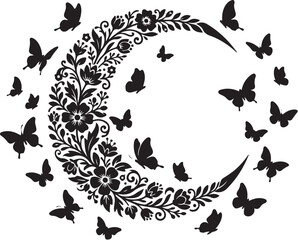 Fototapeta premium Black floral crescent moon, butterfly silhouettes, decorative vector icon, lunar botanical design