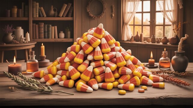 Abundant pile of colorful candy corn scattered on a rustic wooden table in a cozy autumn setting with warm light