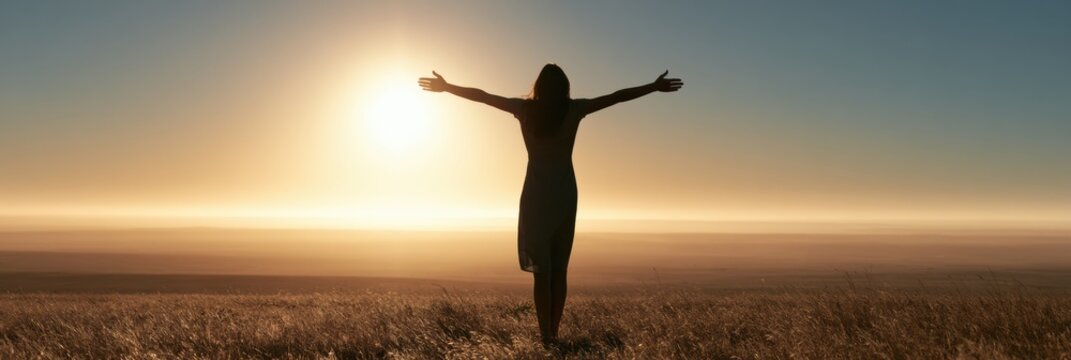 A mature woman with arms wide open stands in a vast landscape at golden hour, symbolizing freedom and empowerment after menopause.