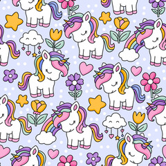 Cute seamless pattern with white unicorns colorful rainbows yellow stars pink hearts and flowers on pastel lilac background for kids textile and nursery wallpaper © Marie