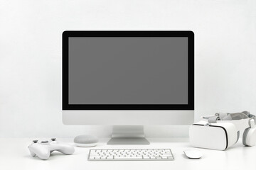 Fototapeta premium Modern technology workspace setup photo, suitable as mockup