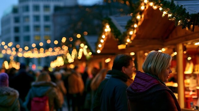 A whimsical and vibrant outdoor Christmas market scene featuring colorful food stalls and festive winter deco ns
